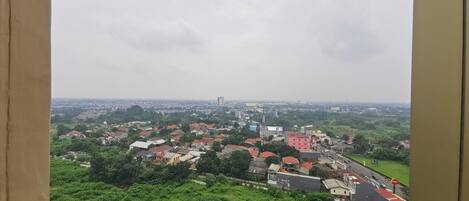 A cityscape viewed from a high vantage point, featuring a mix of residential and commercial buildings, a prominent tower, and a green landscape.