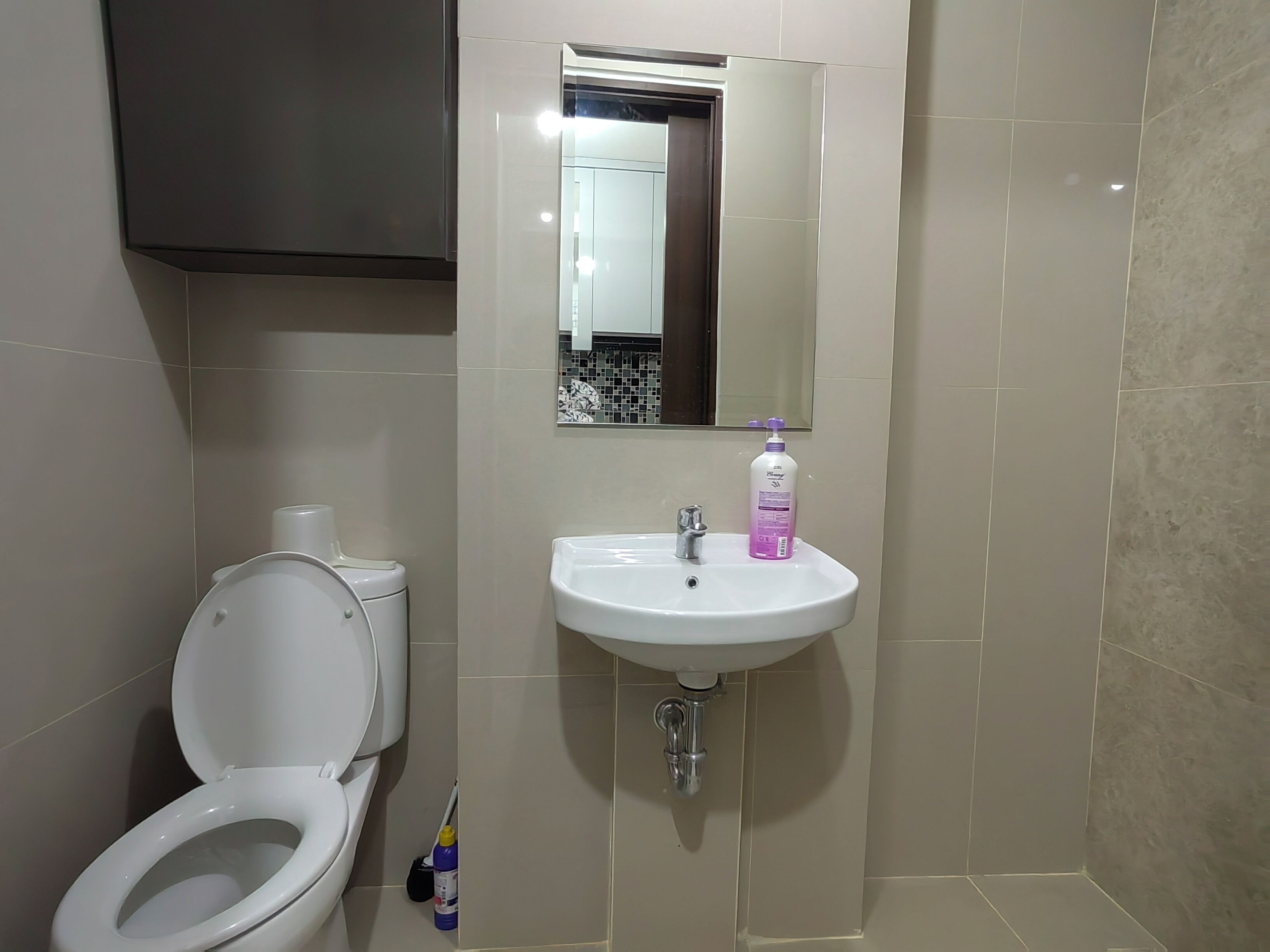 A bathroom with a toilet, sink, and mirror.