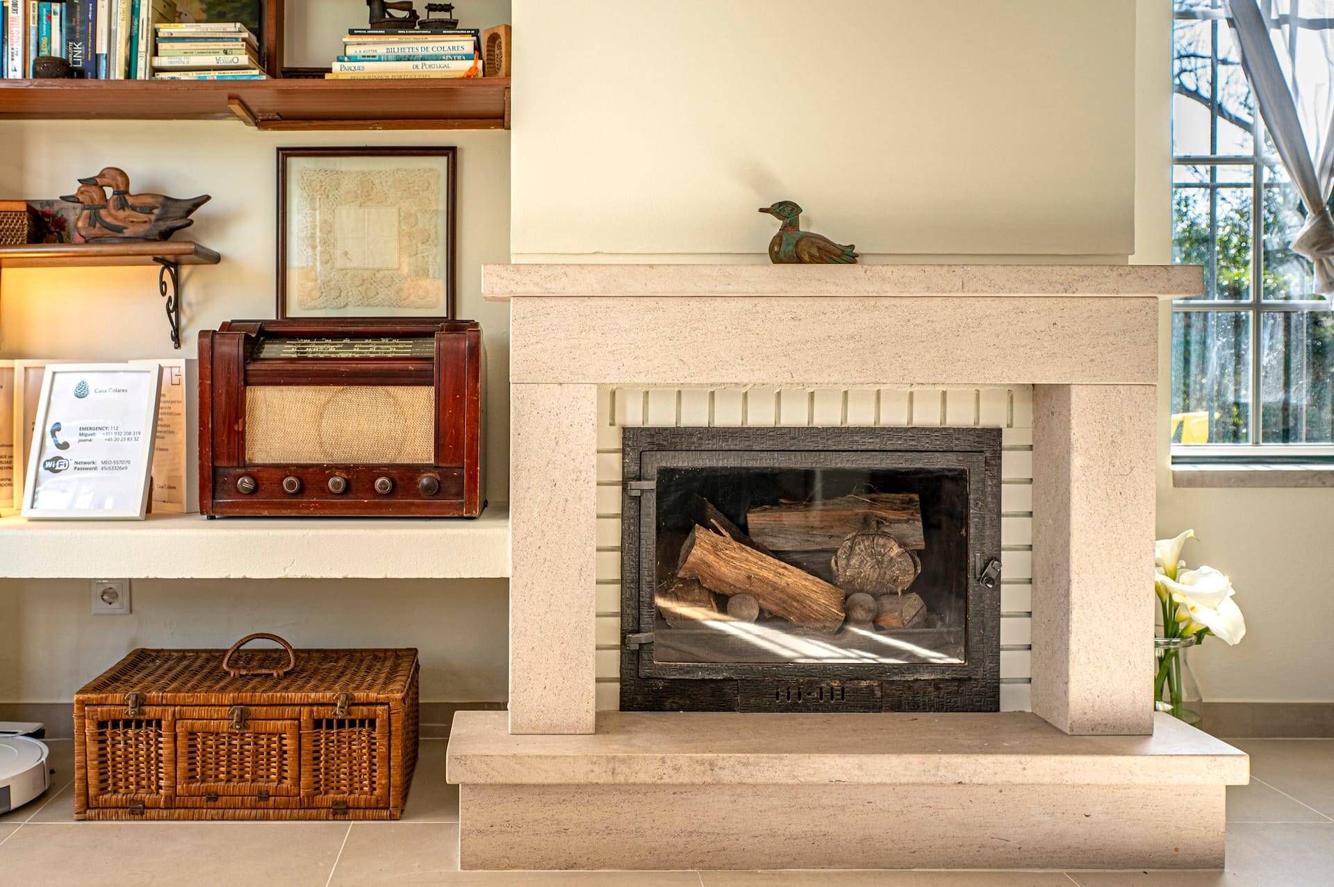 Una chimenea con leña, un radio y objetos decorativos en estantes.
