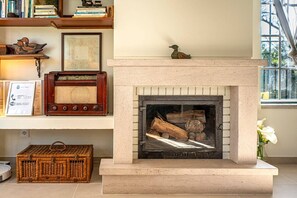 Una chimenea con leña, un radio y objetos decorativos en estantes.