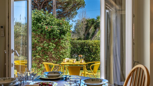Eine offene Terrasse mit gelben Stühlen und einem Esstisch, mit Blick auf einen Garten mit verschiedenen Pflanzen und Bäumen.