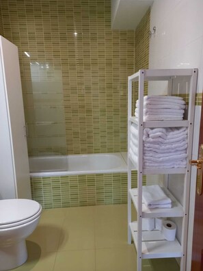Hair dryer, towels, soap