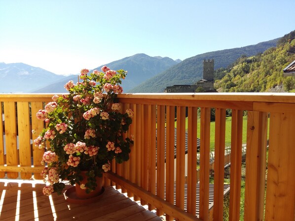 A wooden deck with a potted plant, a view of a castle on a hill, and a mountainous landscape.