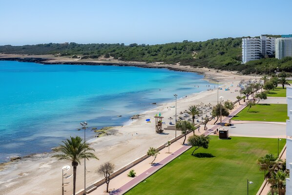 Un hôtel situé sur la côte, avec vue sur la plage, une promenade et un parking.
