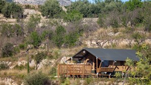 A wooden cabin with a balcony, surrounded by dry vegetation and a mountain in the background.