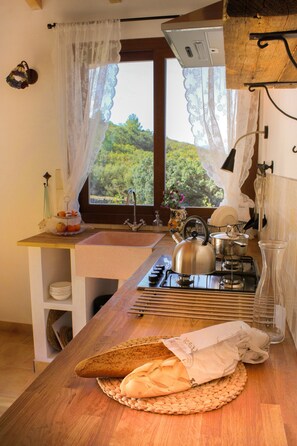 Een koelkast, een kookplaat, een koffiezetapparaat/waterkoker