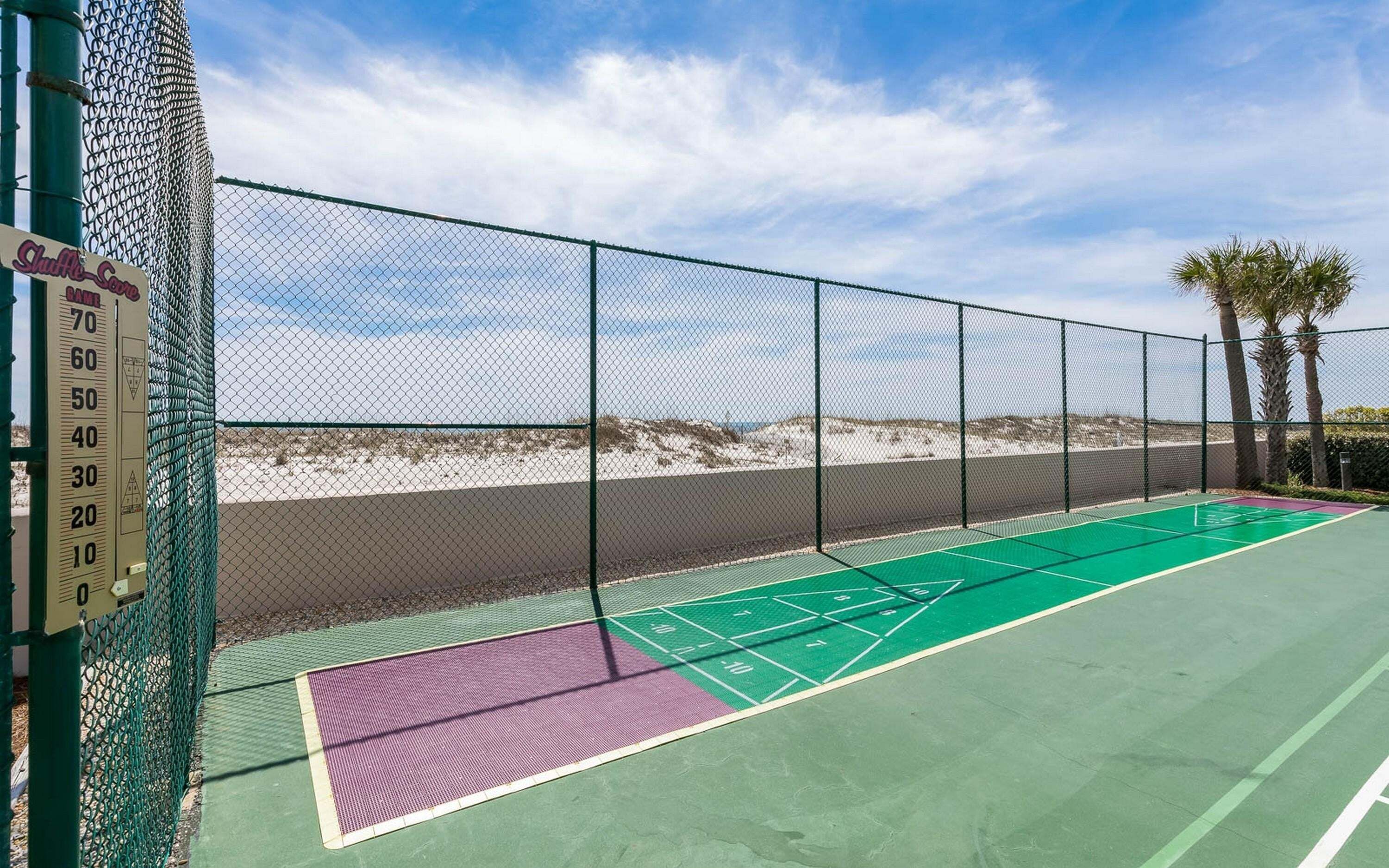 Una cancha de shuffleboard con superficie verde y morada, rodeada por una cerca de malla metálica.