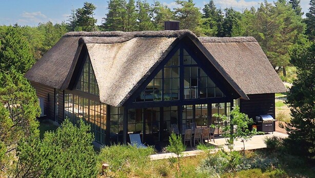 Una casa moderna con tetto di paglia, ampie finestre e un patio.