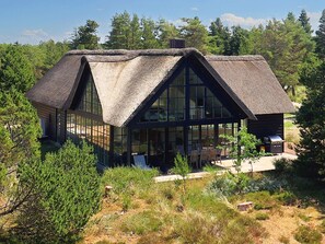 Ein modernes Haus mit einem Strohdach, großen Fenstern und einer Terrassenfläche.