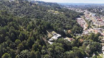 Vista aérea de una zona residencial con abundante vegetación, algunos edificios y cielo despejado.