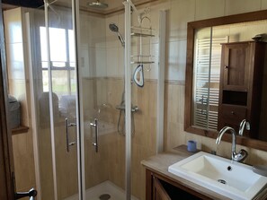 Shower, hair dryer, towels