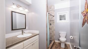 Shower, eco-friendly toiletries, hair dryer, bidet