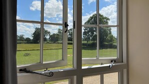 A window with a view of a green field and trees.