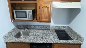 Una cocina compacta con armarios de madera, un microondas integrado, un lavamanos y un lavavajillas.