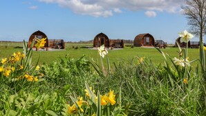 A rural setting with three wooden cabins, each with a bench and a table outside. - Mischief (Driffield)