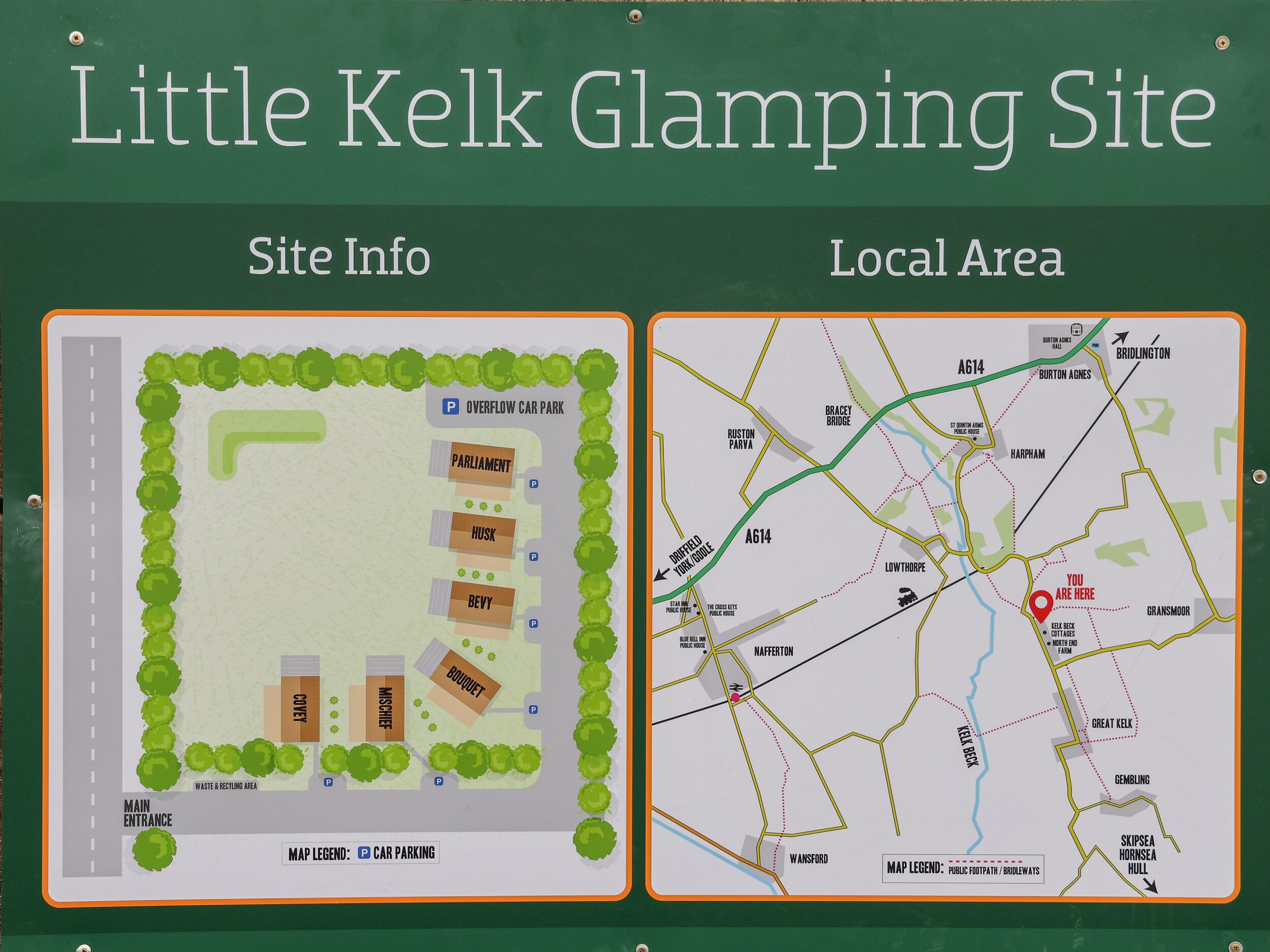 A map of Little Kelk Glamping Site with marked parking areas and a local area map highlighting nearby towns and roads.