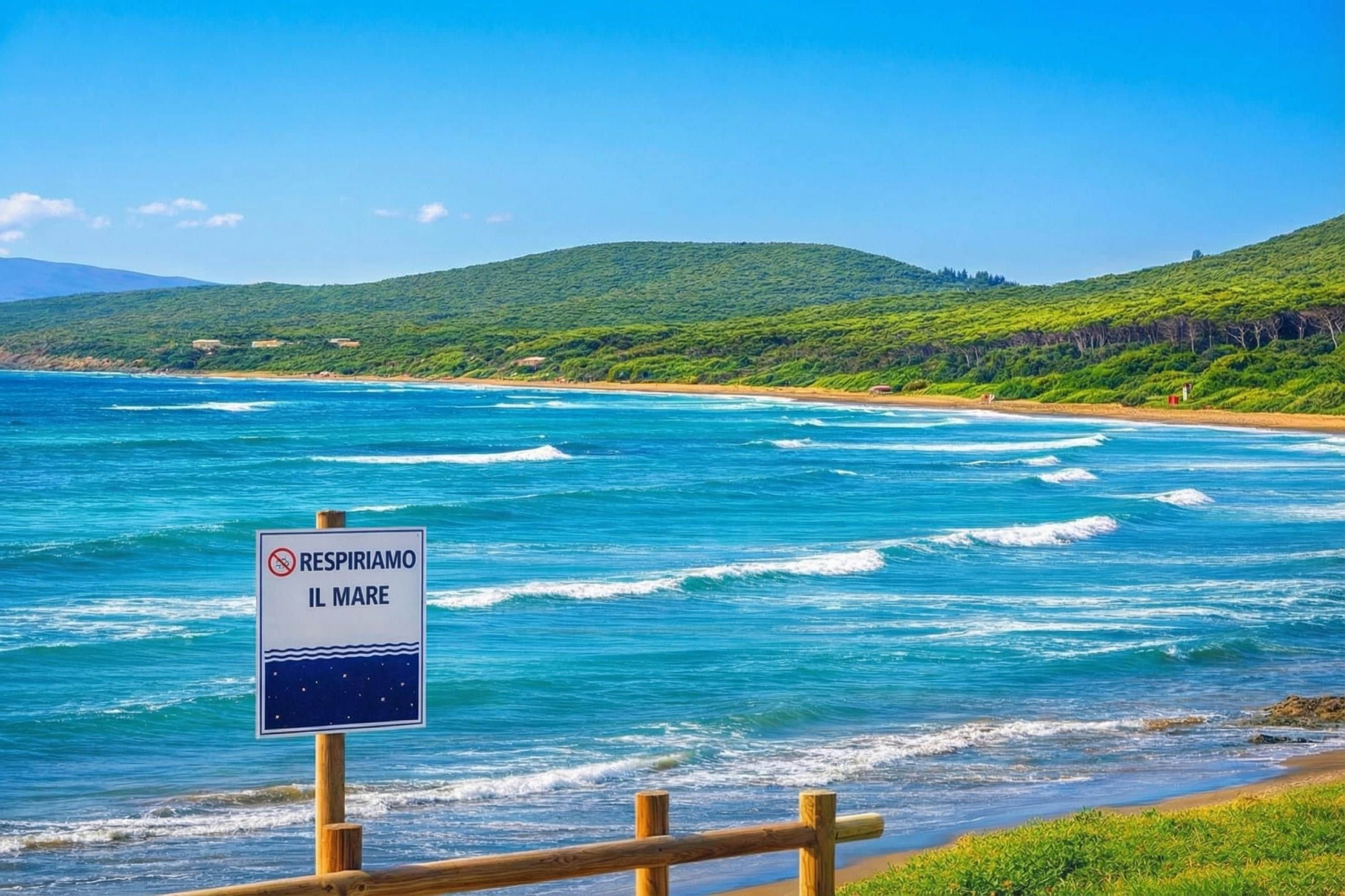Une plage avec un panneau sur lequel on peut lire « RESPIRAMO IL MARE » et une clôture en bois au premier plan.