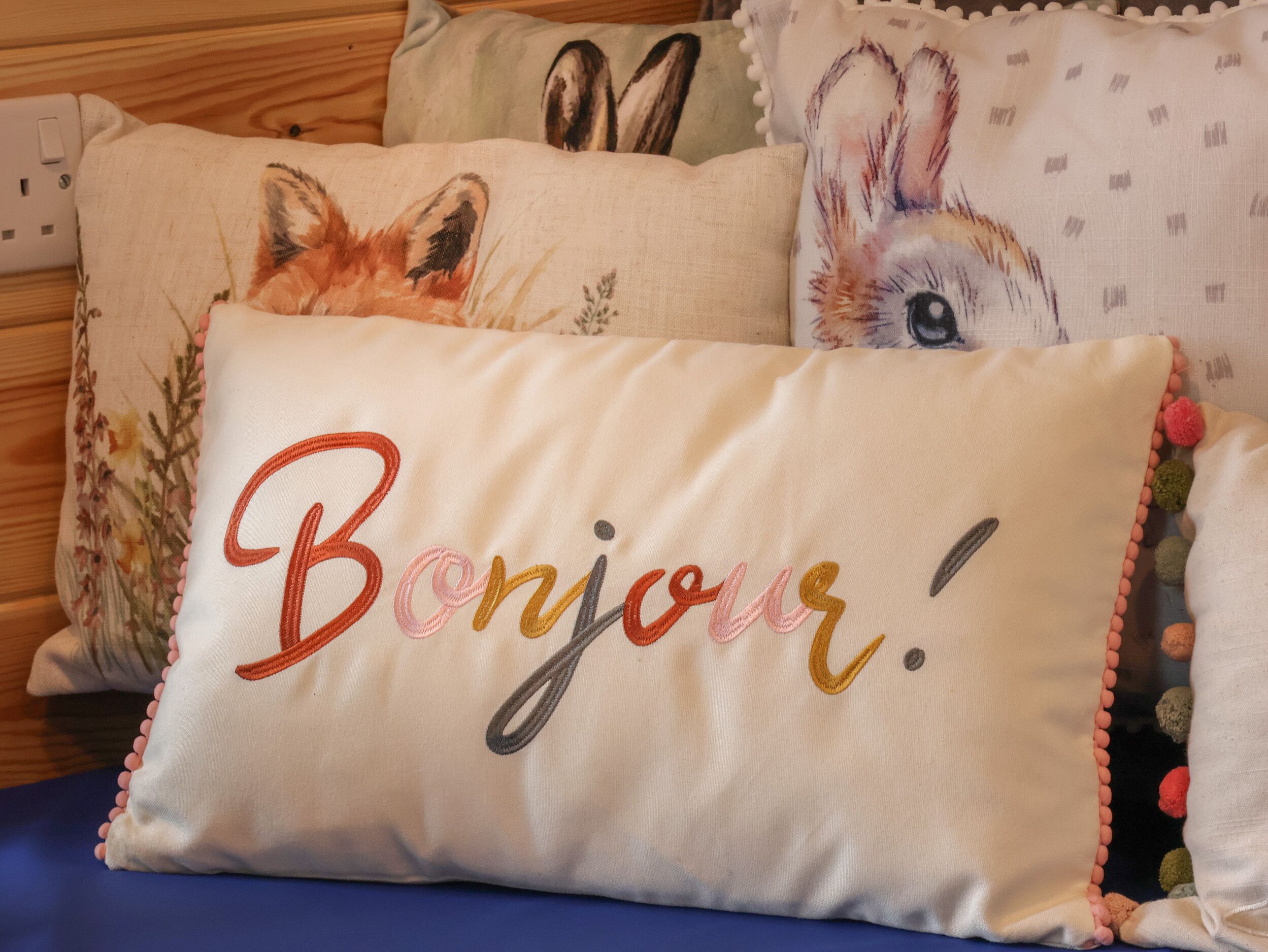 A pillow with 'Bonjour!' embroidered on it, surrounded by other decorative pillows with animal prints.