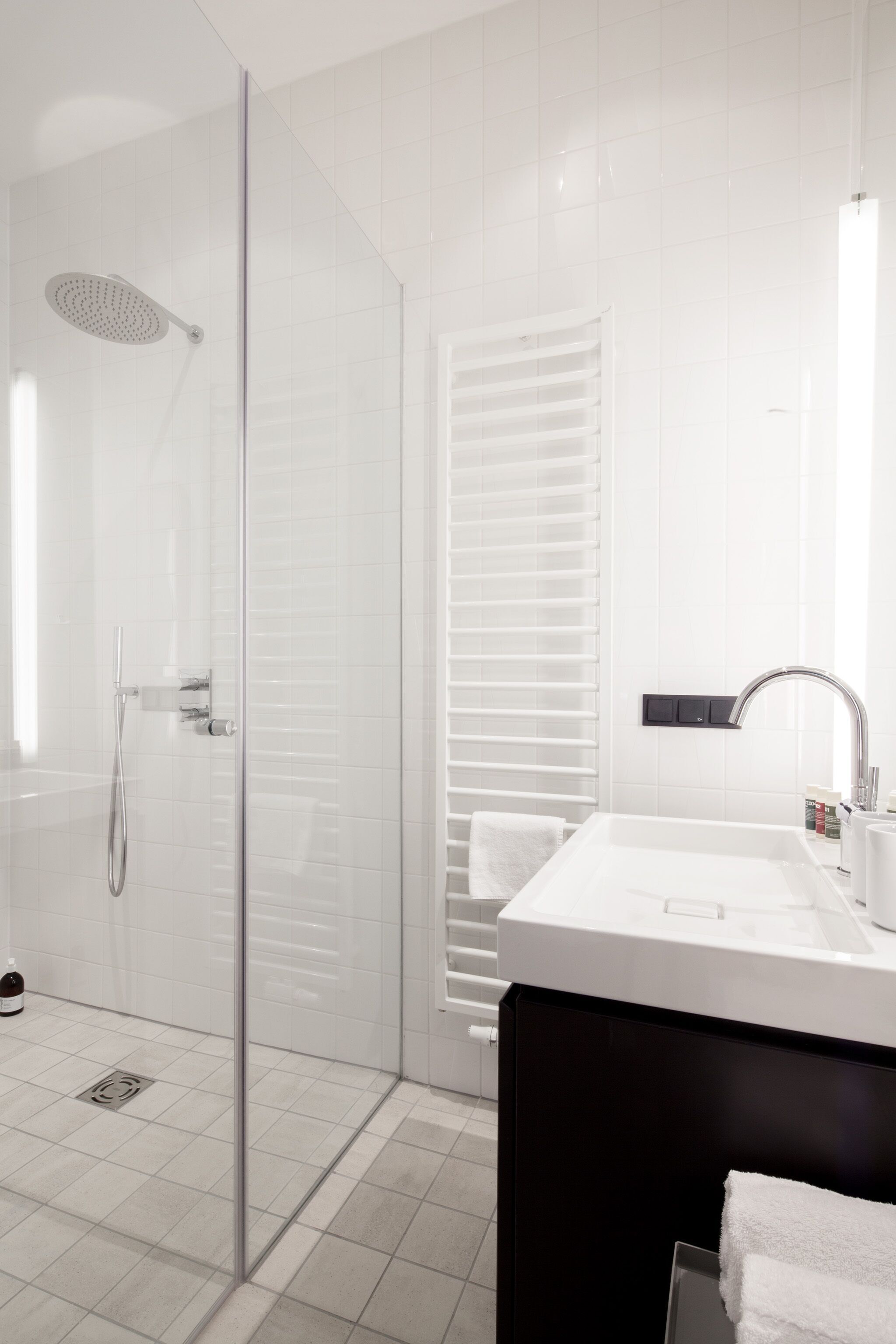 Ducha, cabezal de ducha tipo lluvia, secador de pelo, toallas
