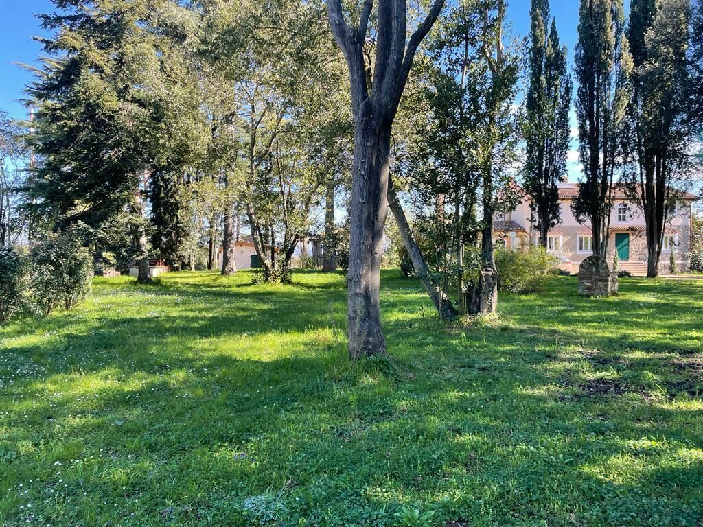 Un área de parque con césped, árboles y un edificio al fondo.