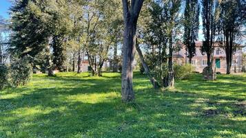 Un área de parque con césped, árboles y un edificio al fondo.