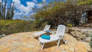 Une terrasse en pierre avec deux chaises longues blanches et une petite table, entourée de cactus et d’un arbre.