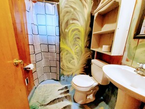 Shower, towels, soap, shampoo