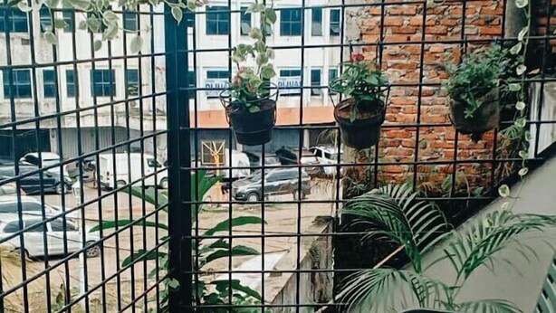 Un balcón con barandilla de metal, plantas en macetas y una mesa redonda.