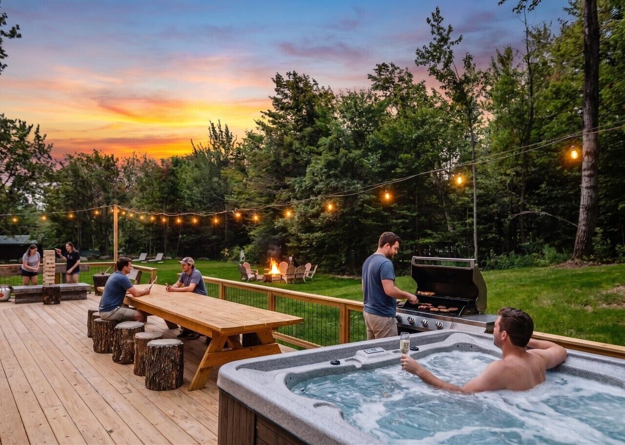 Une terrasse dotée d ’un jacuzzi, de tables et de chaises en bois, entourée d’arbres et illuminée de guirlandes lumineuses.