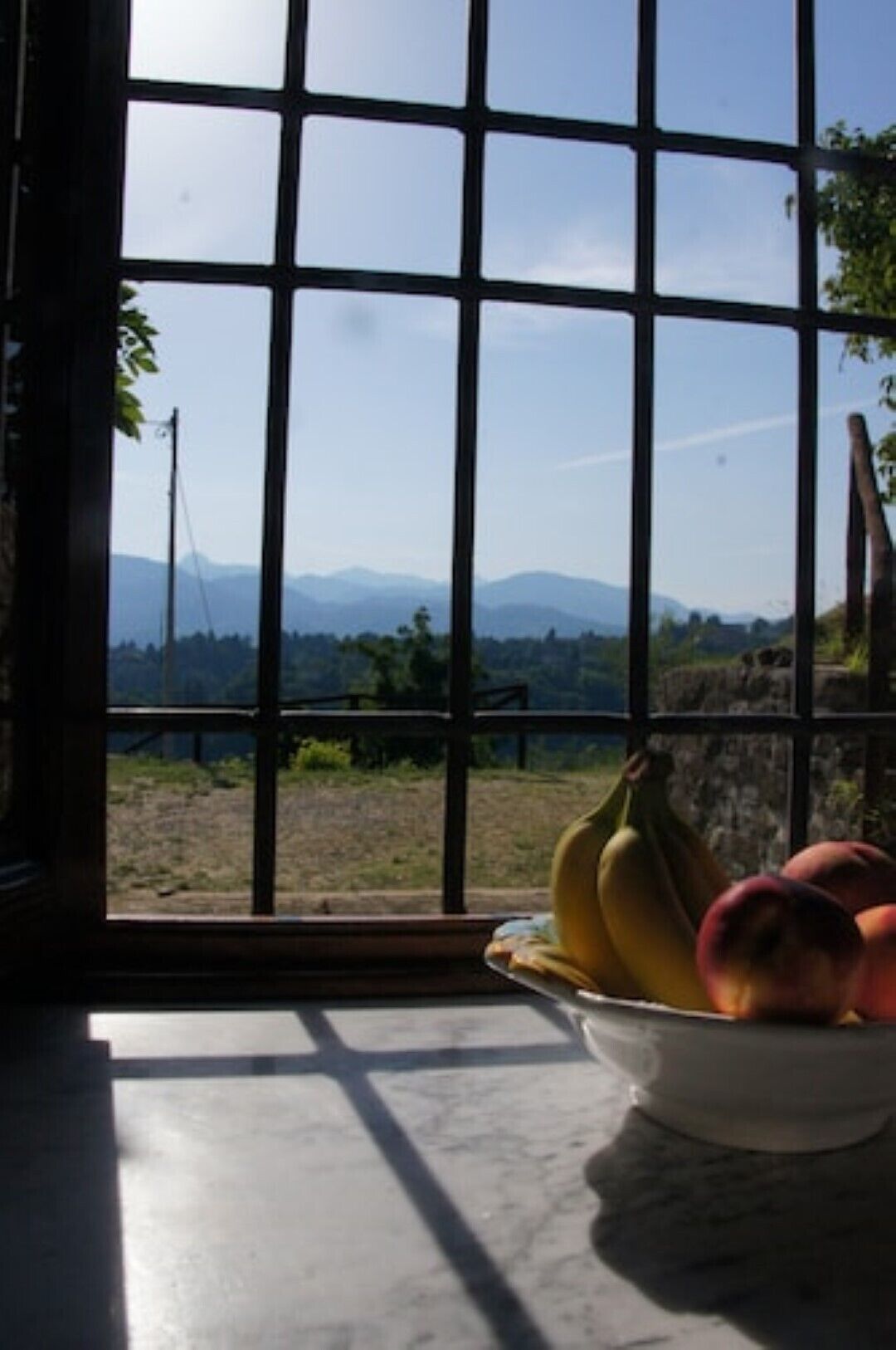 A window with a view of mountains and a bowl of fruit on a table.