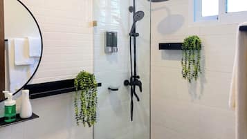 Une salle de bain moderne avec une douche à parois de verre, un miroir rond et deux plantes suspendues.