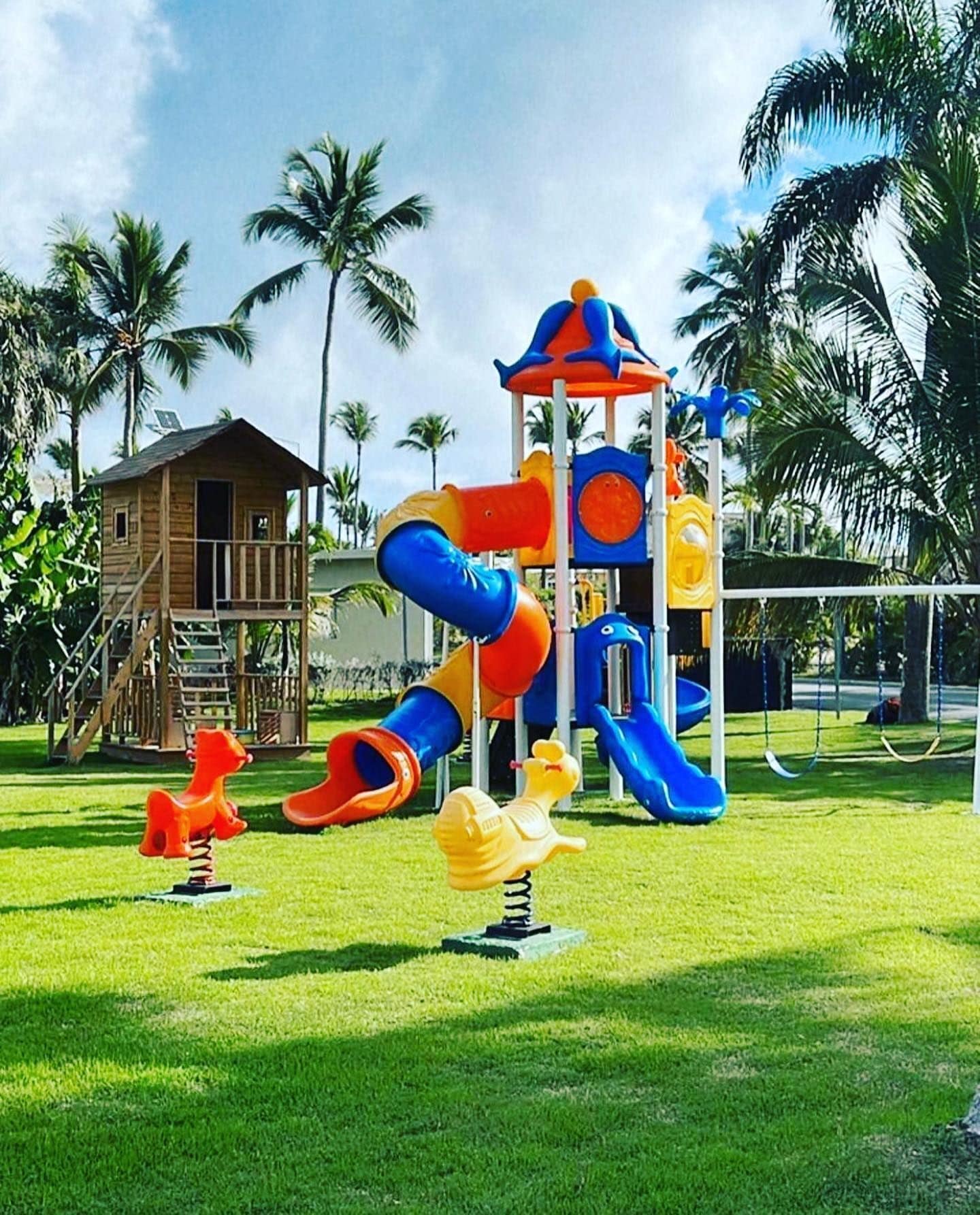 A playground with slides and swings, surrounded by palm trees and a wooden structure.