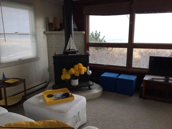 A living room with a fireplace, a sofa, a television, and a large window with a view.