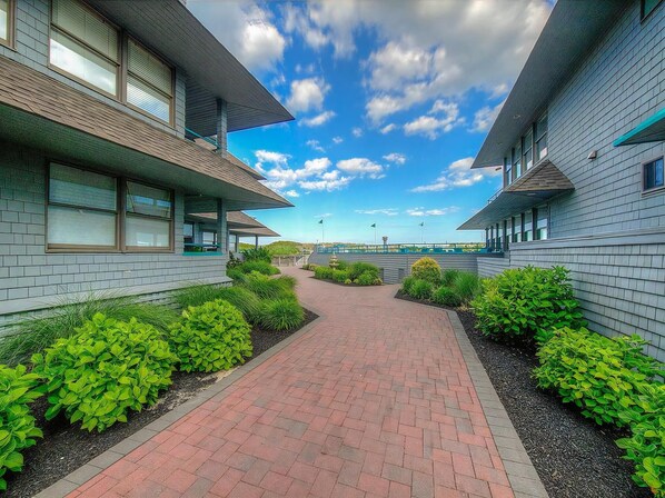 A pathway leading to a building with a modern design, featuring a brick pathway and green landscaping.