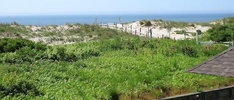A coastal landscape with a wooden fence, sandy dunes, and a view of the sea.