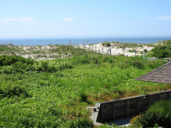 A coastal landscape with a wooden fence, sandy dunes, and a view of the sea.