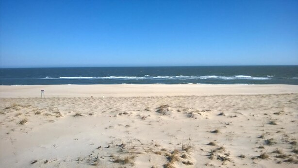 A beach with a clear view of the ocean and a sandy foreground.