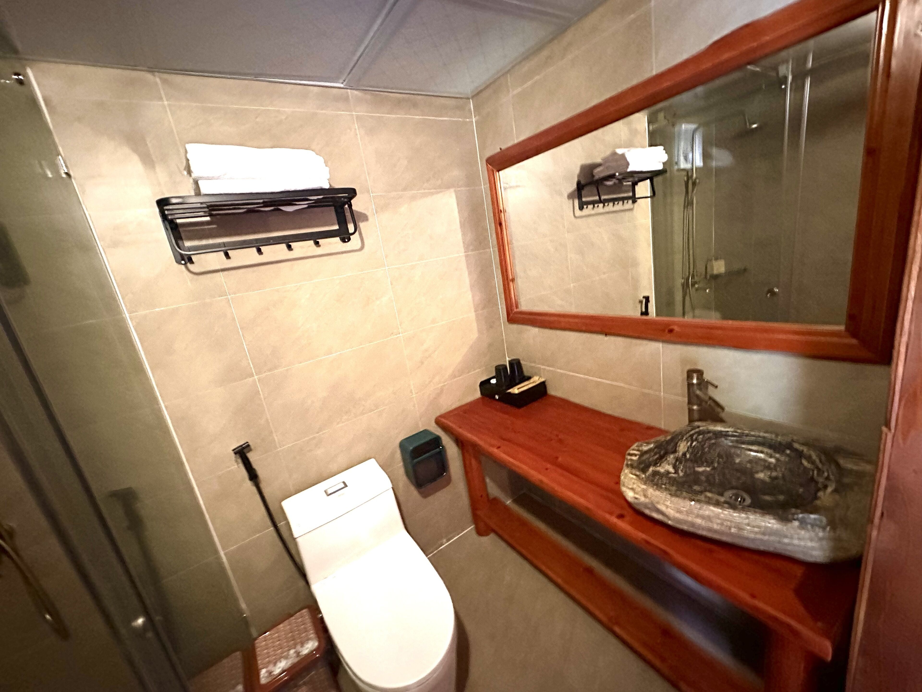 A bathroom with a toilet, sink, mirror, towel rack, and shower area.