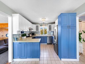 Een koelkast, een oven, een kookplaat, een vaatwasser