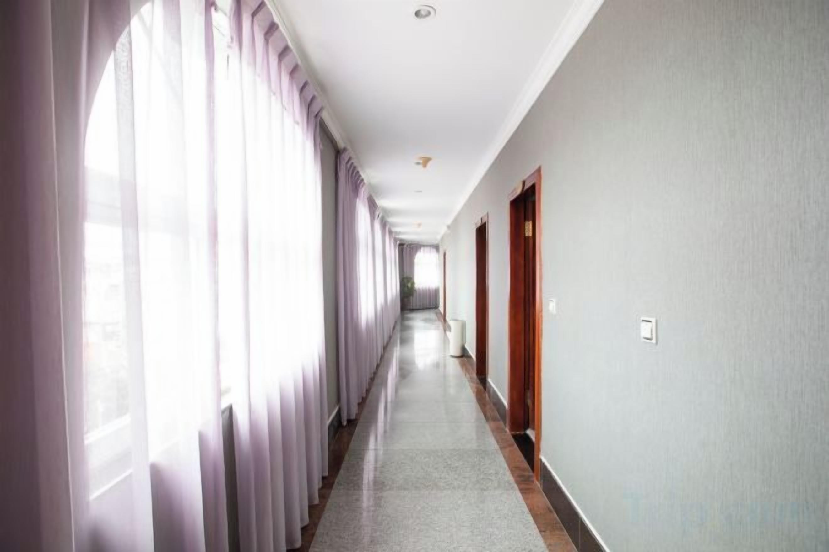 A long, narrow hallway with a carpeted floor, wooden doors, and large windows with curtains.
