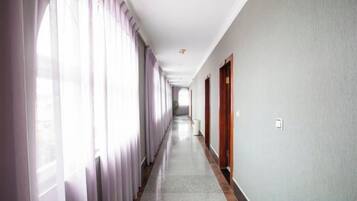 A long, narrow hallway with a carpeted floor, wooden doors, and large windows with curtains.