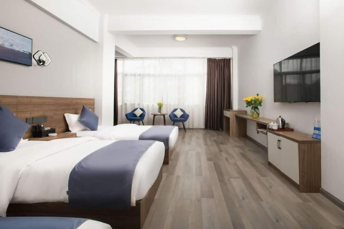 Une chambre d’hôtel avec deux lits, une télévision, un bureau avec une chaise, une petite table avec un vase et une fenêtre avec des rideaux.