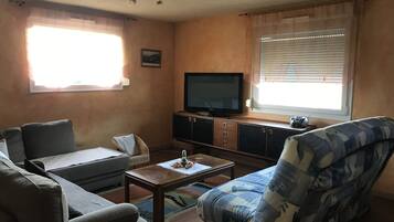 Televisie, een open haard, boeken en een stereo