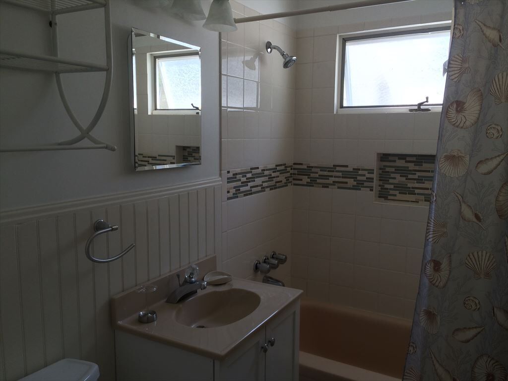 A bathroom with a sink, mirror, shower, and a window.