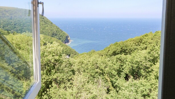 Vista desde una ventana con vistas a un paisaje costero con abundante vegetación y una playa despejada.