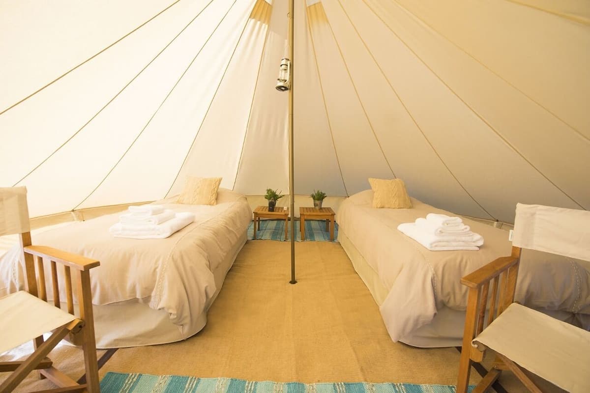 A tented accommodation with two beds, a central pole, and a small table with a plant.