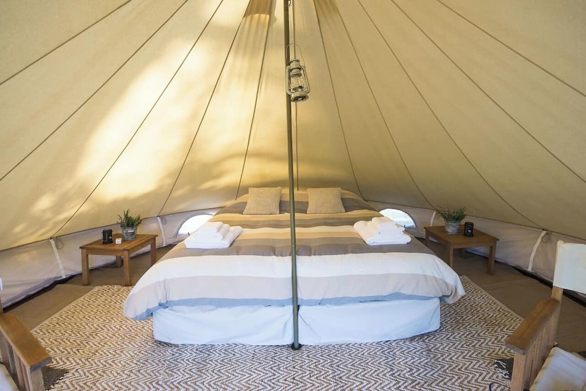 A tented accommodation with a bed, pillows, a lamp, and small tables with plants.