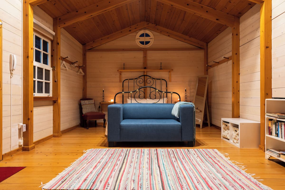 Une pièce chaleureuse avec un canapé bleu, un tapis à motifs, des murs en bois, un cadre de lit en métal et une bibliothèque.