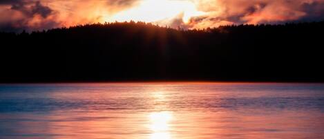Auringonlasku tyynen järven yllä, ja etualalla näkyy puun siluetti.