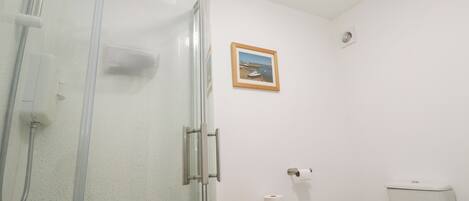 A bathroom with a glass shower enclosure, a toilet, a small wooden cabinet, and a framed picture on the wall.